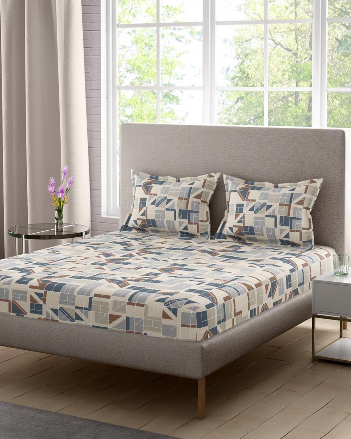 Portico New York Eldora Printed 100% Cotton 300TC Double Super King Size Bedsheet with 2 Pillow Cover (274X274CM)