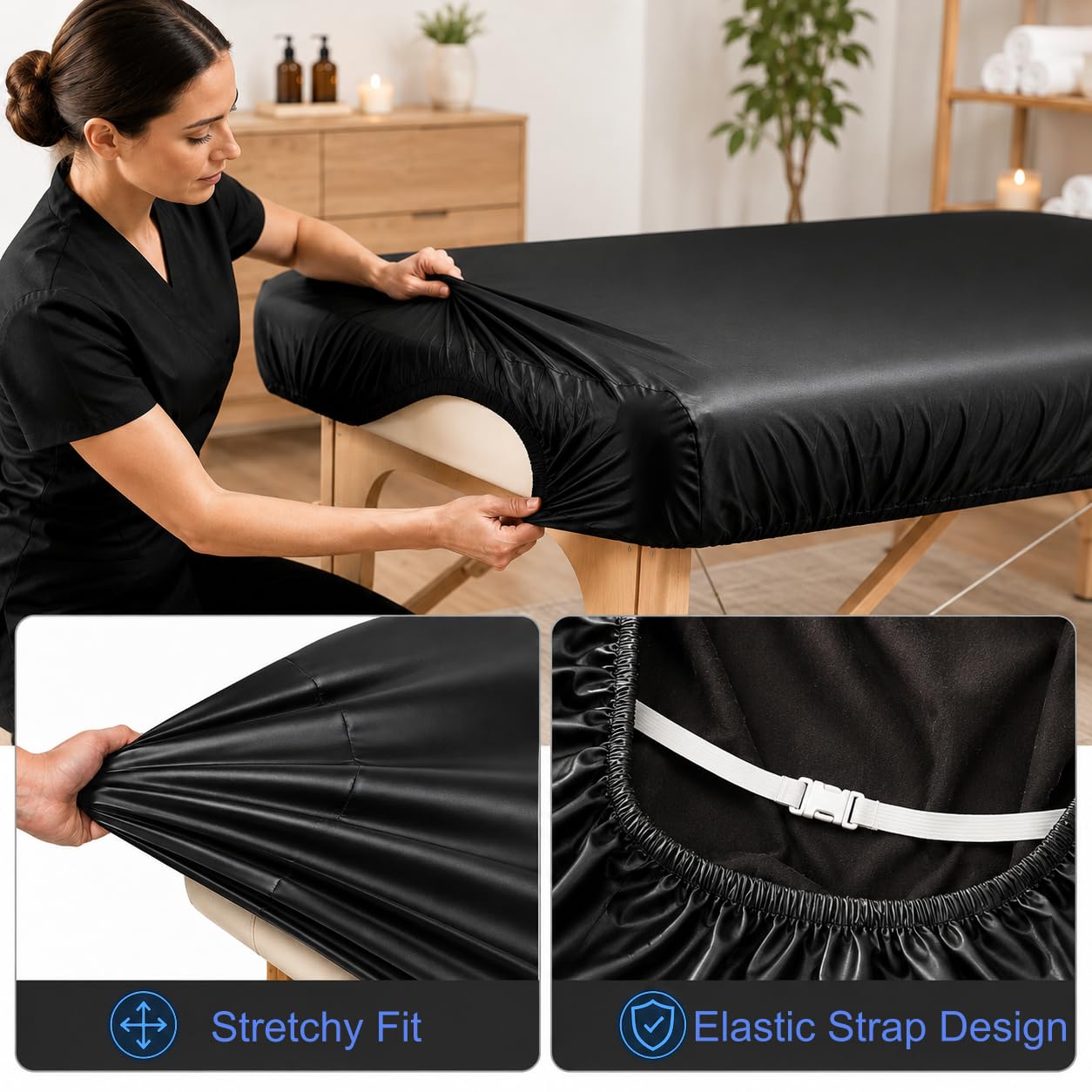 Protector de mesa de masaje, funda impermeable para cama de spa, protector elástico de piel de vinilo de alta calidad para mesas de masaje de 28 a 32 pulgadas, reutilizable, color negro