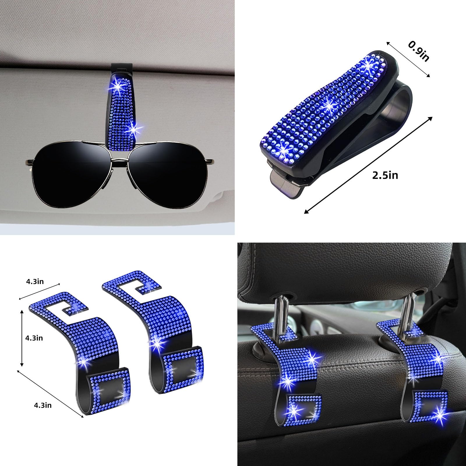 NBTEPEM Set di 27 accessori per auto blu da donna, coprivolante luccicante, universale, misura 38 cm, cornice per targa con strass, supporto per telefono, sottobicchieri per auto (diamante blu)