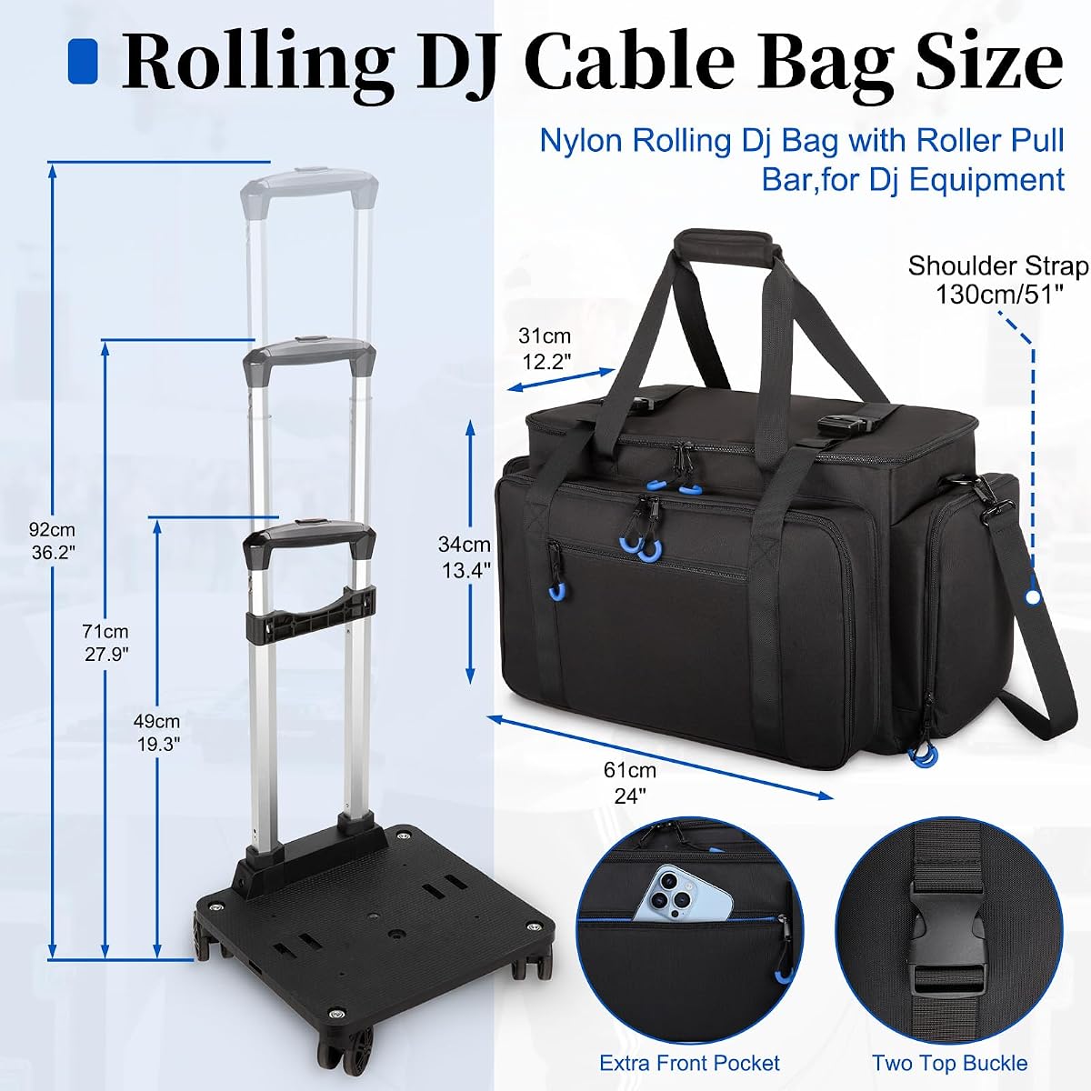 Large Rolling Dj Cable Bag with Detachable Dividers, Bottom Pad
