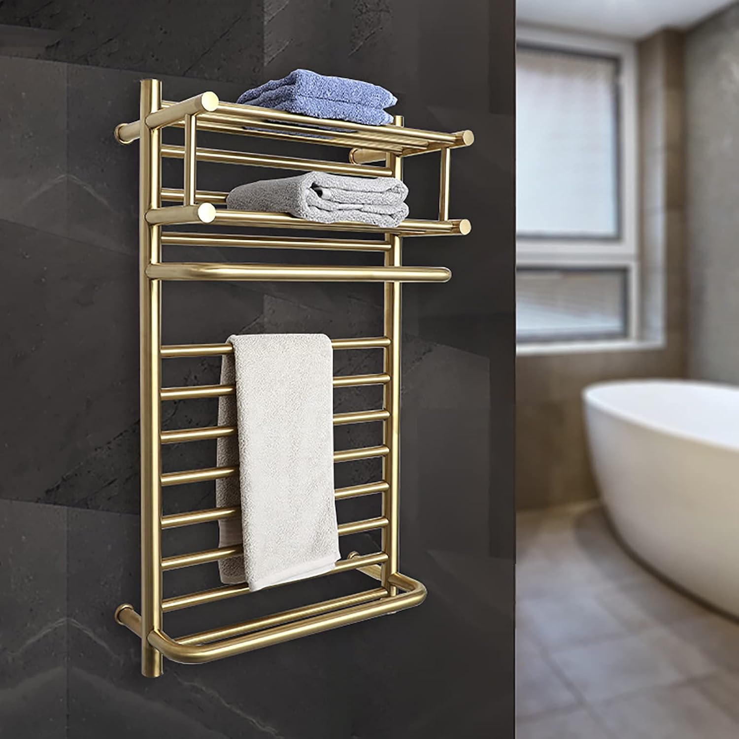 Towel Warmer, Gold 304 Stainless Steel Wall Mounted Heated Towel Rail Built-in Thermostat Electric Heated Towel Rack (C90×50cm)