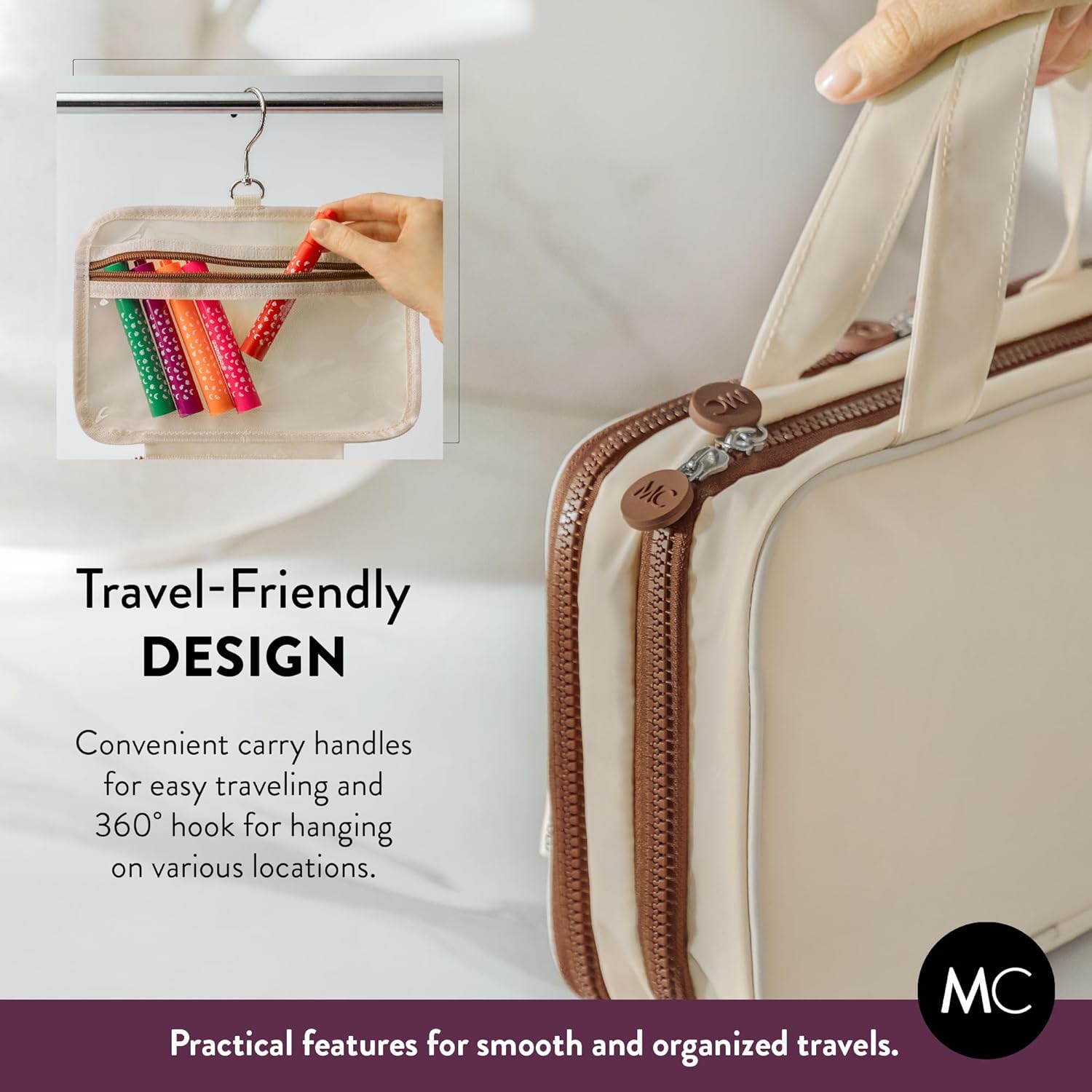 Kids Travel Organizer – Multi-Compartment, Water-Resistant Hanging Bag for Toys, Snacks, & Activities - Compact, Lightweight Design with Hook & Carry Handle - Perfect for Travel Use (Beige, Small)
