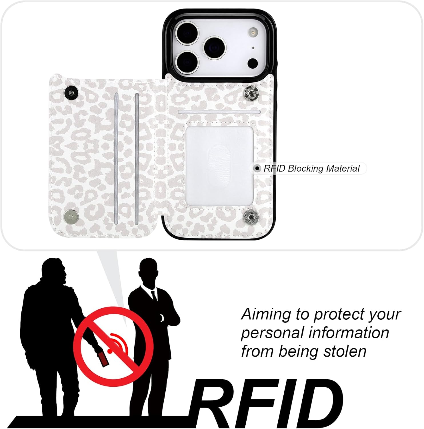 HAOPINSH Wallet Case with Card Holder for iPhone 17 Pro, White Leopard Cheetah Pattern Back Flip Folio PU Leather Kickstand Card Slots Case for Women, Double Magnetic Clasp Shockproof 6.3"