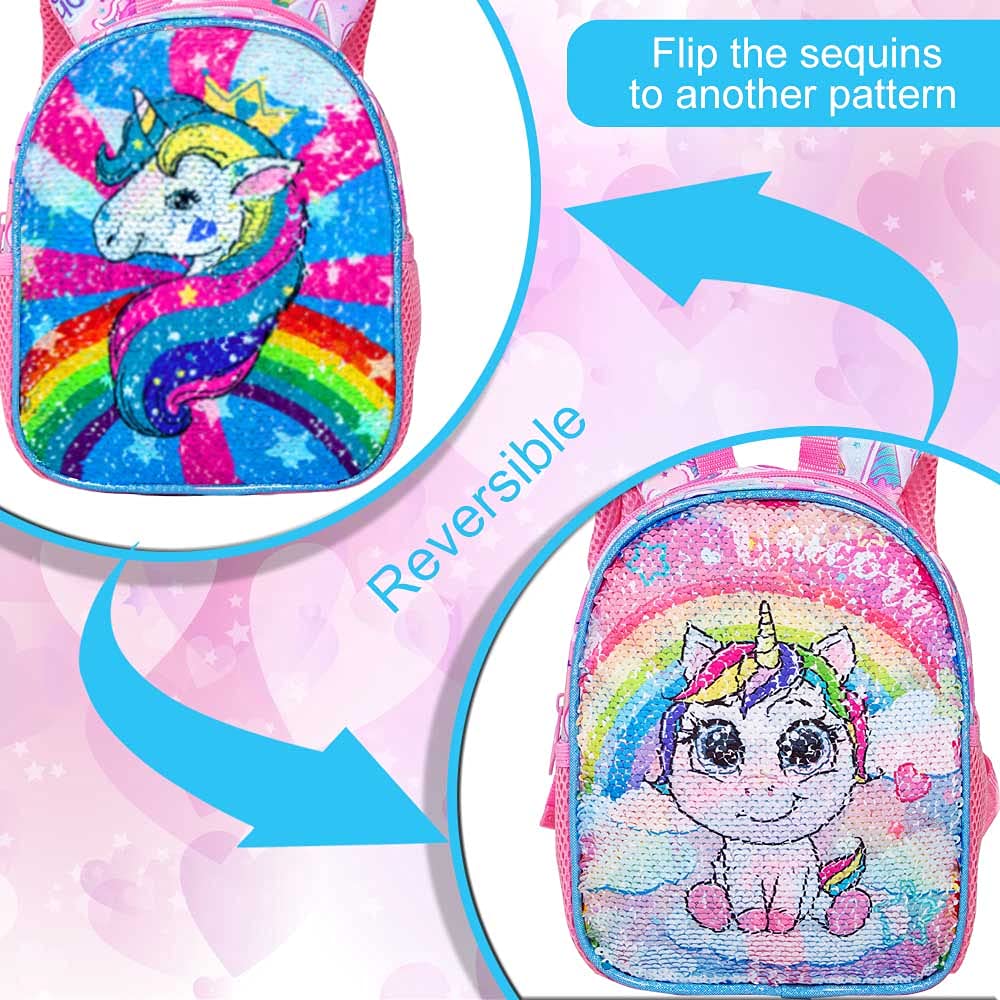 GXTVO Mochila de 3 Piezas para niñas, 16 pies con Lentejuelas para Preescolar y lonchera