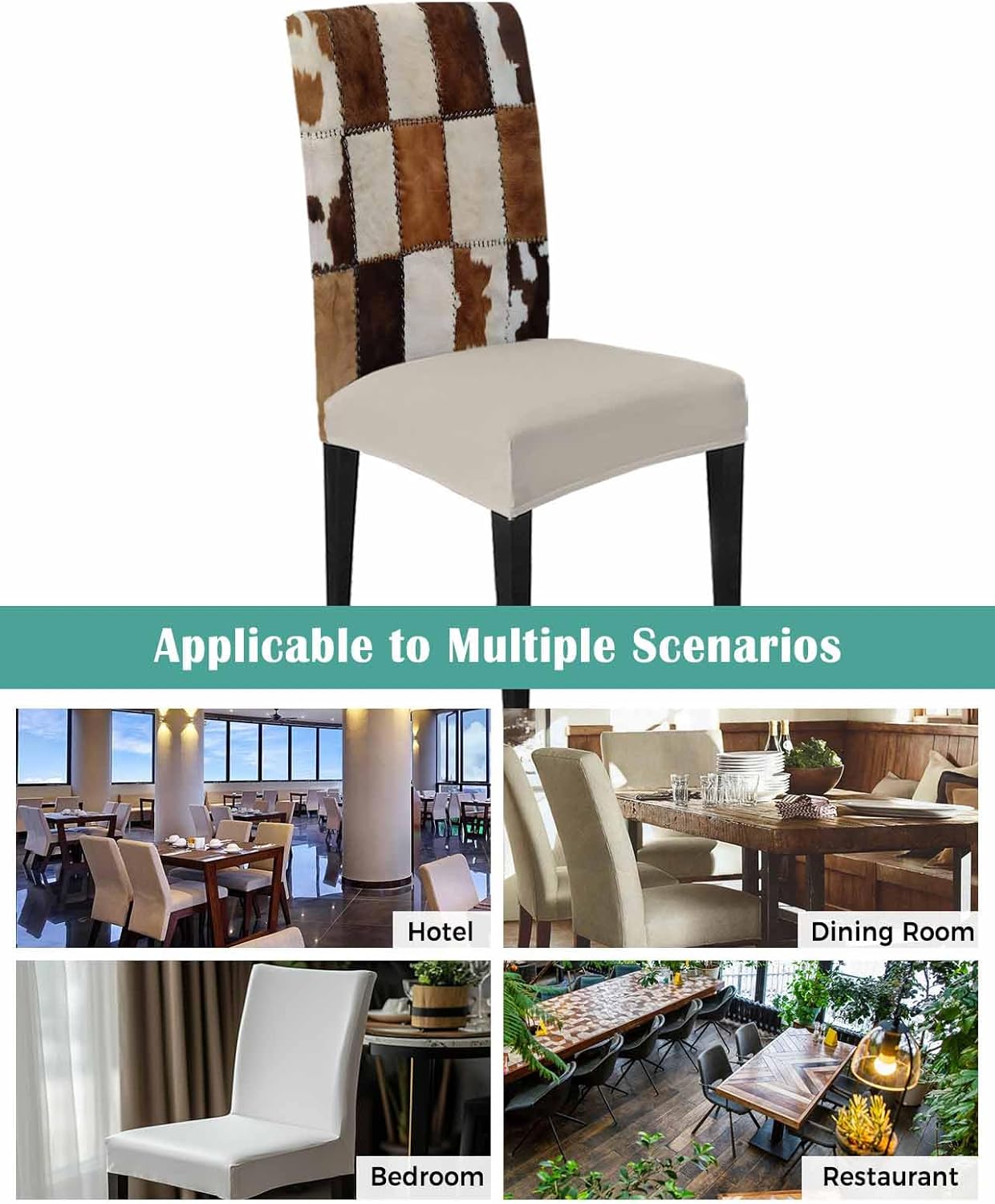 Cow Print Chair Covers, Vintage Animal Brown Stretch Parsons Chair Slipcovers Removable Kitchen Chair Protector Cover for Dining Room， Set of 8