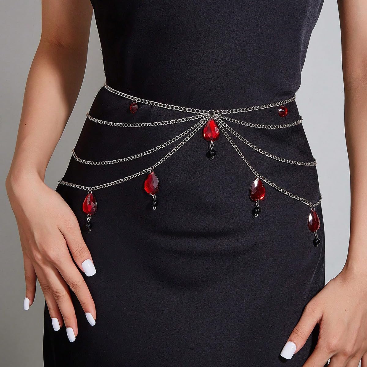 Gothic Crystal Tassel Waist Chain for Women White Red Crystal Waterdrop Chain Waist Chain Multilayered Punk Metal Waist Chain Goth Vampire Jewelry Christmas Halloween Wedding Party Daily Party Birthday Dress Costume Jewelry