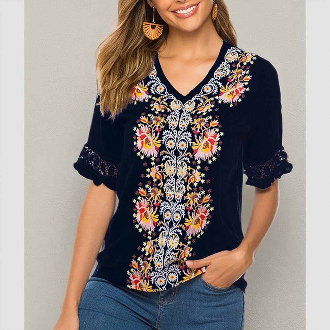 AK Women's Summer V Neck Boho Embroidered Mexican Shirts Short Sleeve Casual Tops Blouse - Image 6
