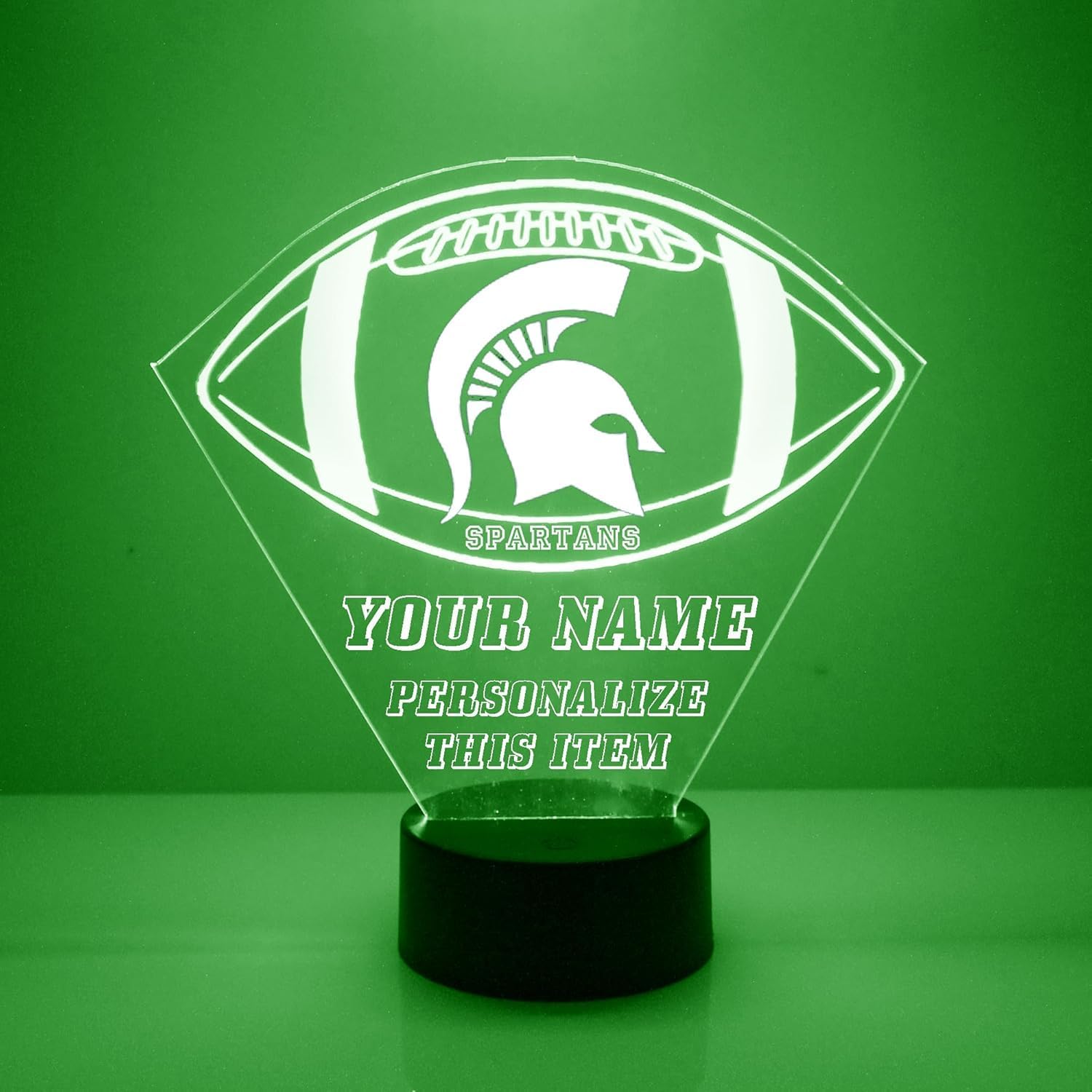 Custom Michigan State University (MSU) Spartans Football LED Sign Night Light Lamp with Remote, Personalized Text, Officially Licensed from The CLC by Mirror Magic Gifts, Made in The USA