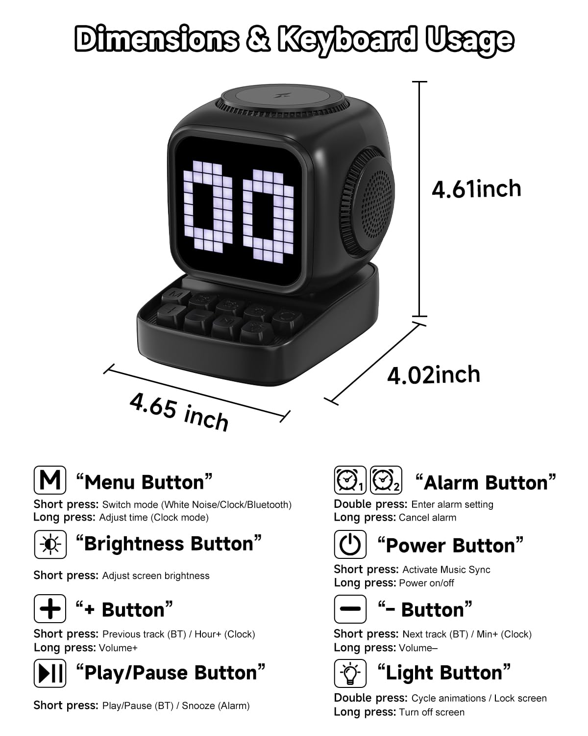 Altoparlante Bluetooth 5 in 1 con robot retrò: caricatore wireless da 15 W, schermo LED pixel, suono stereo da 10 W e 15 rumori bianchi, sveglia, altoparlante wireless portatile carino per camera da