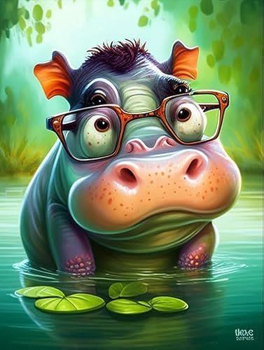 Kits de pintura de diamantes para adultos, 5D DIY taladro redondo completo arte de diamantes peculiar hipopótamo pintura por números, kits de