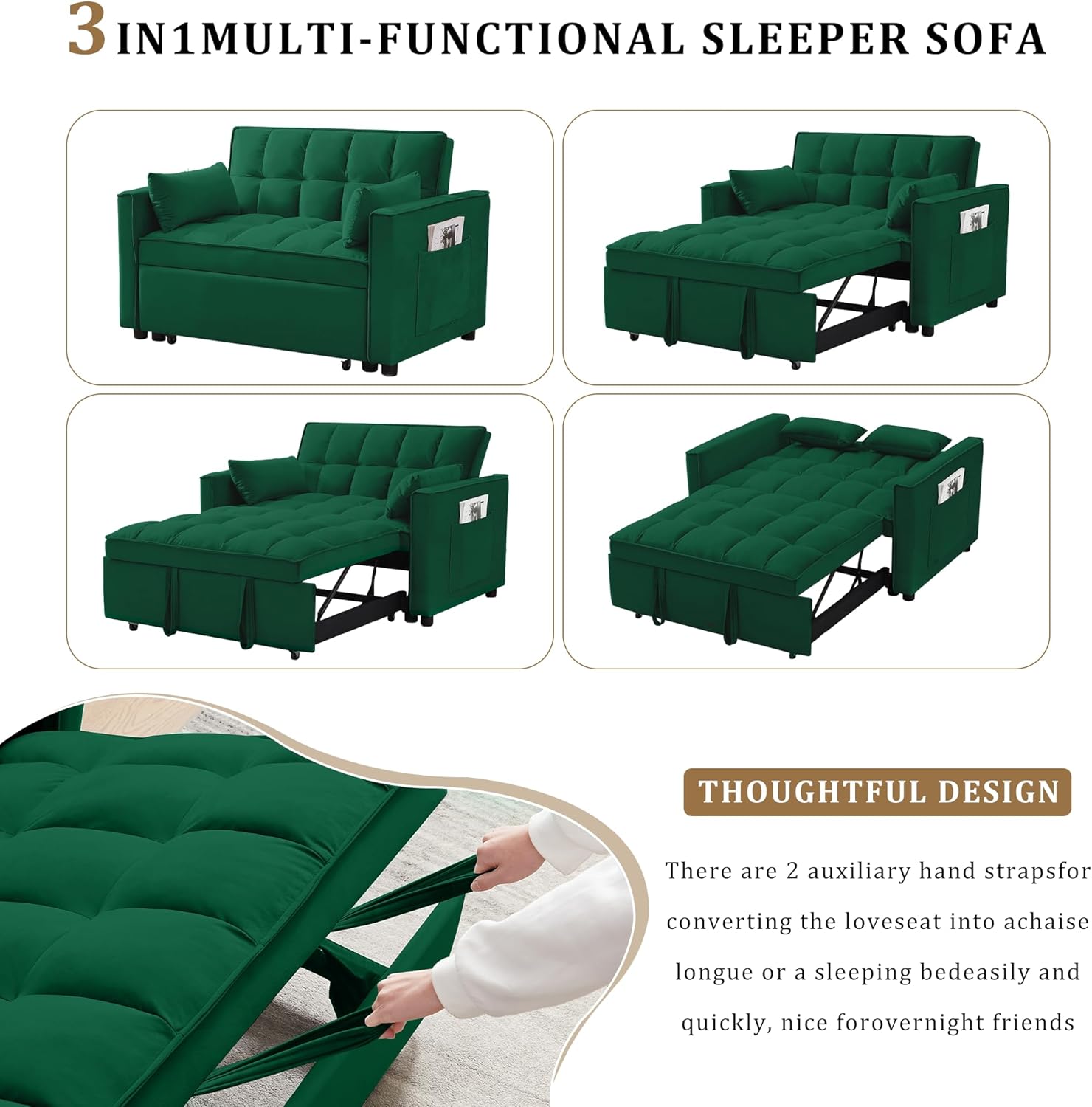 Sleeper Sofa Bed,55 Inch Convertible 3-in-1 Pull Out Bed with Side Pockets Velvet Fabric Loveseat Sleeper Sofa with Adjustable Backrest for Living Room,Bedroom,Apartment and Small Space(Green)