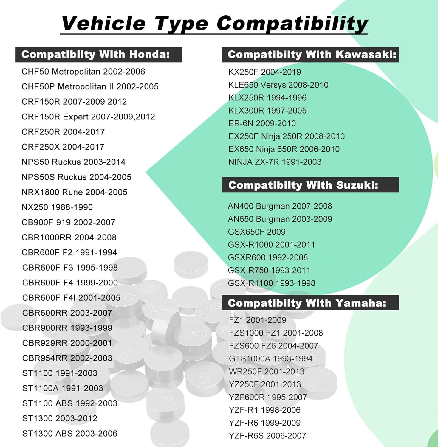 7.48mm Adjustable Valve Shim Kit for Honda CRF250R 2004-2017 / NPS50 Ruckus 2003-2014/Yamaha YZ250F 2001-2012/ Kawasaki KX250F 2004-2012/KLX300R 1997-2005/Suzuki GSX-R750 1993-2011(47PCS)