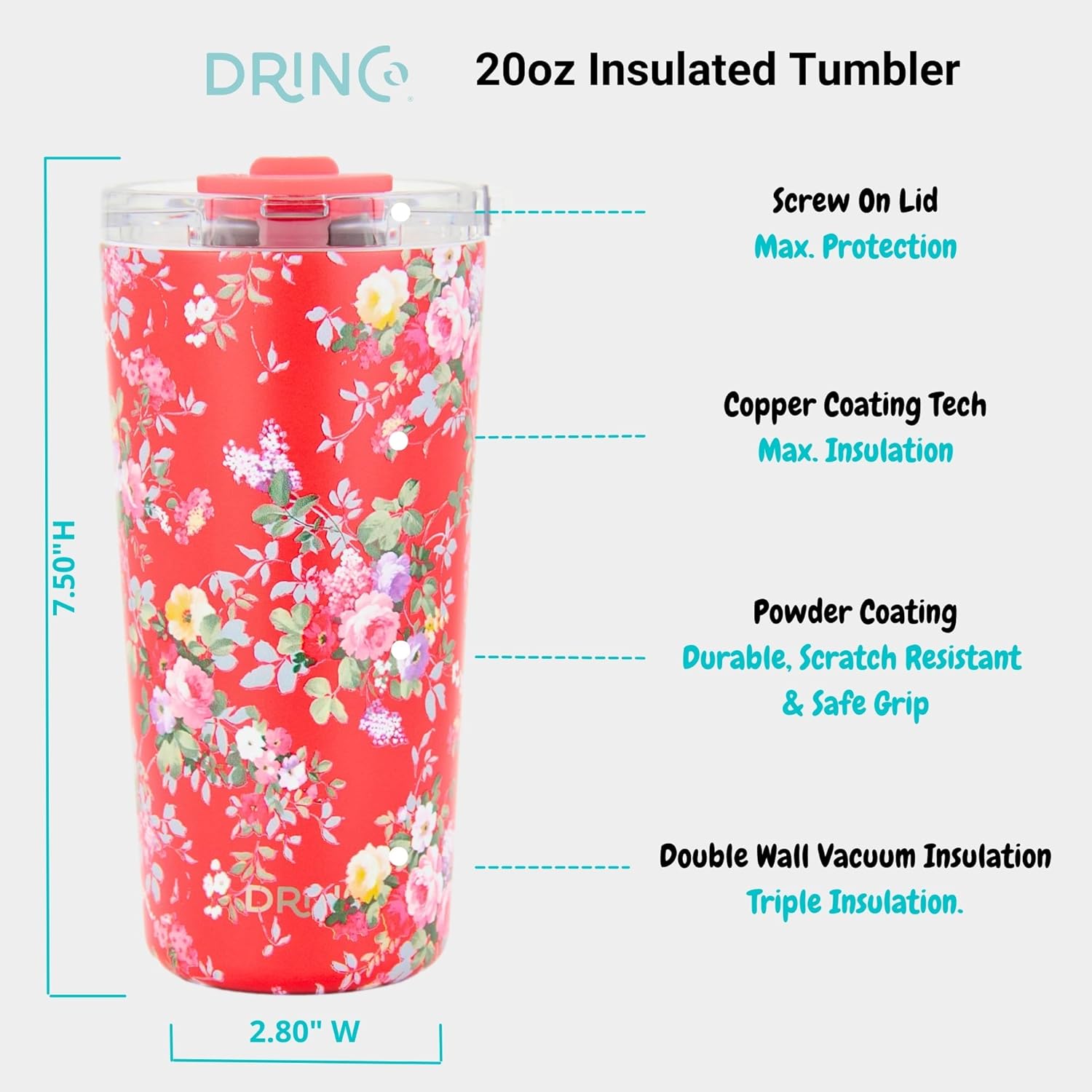 Drinco - 20 oz Stainless Steel Tumbler | Double Walled Vacuum Insulated Mug With Lid, 2 Straws, For Hot & Cold Drinks (20oz Peony Floral) - Image 5