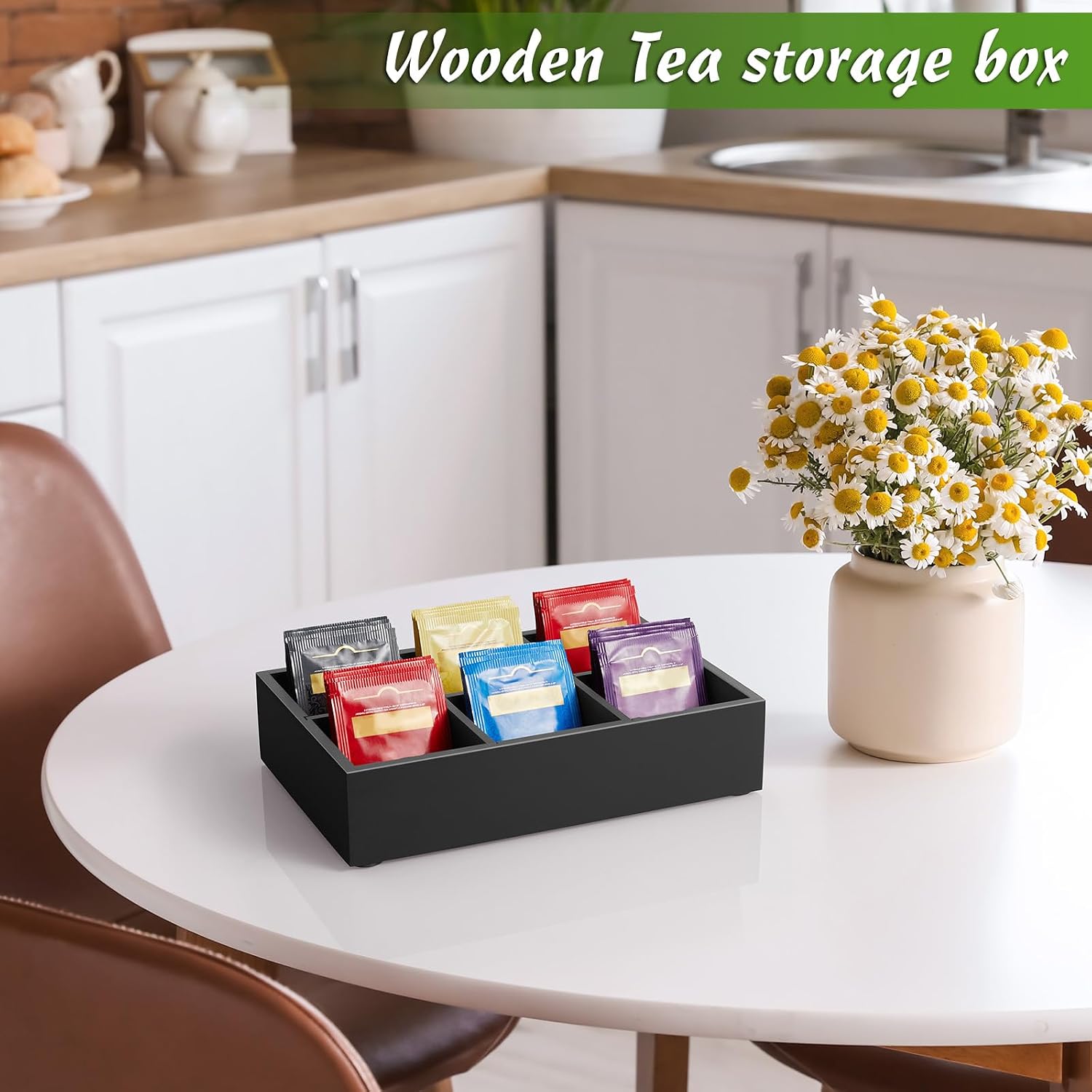 DRASTAR Tea Bag Organizer, Tea Bag Drawer Organizer, Wooden Tea Bag Holder, Tea Chest with 6 Compartments, Tea Organizer Storage Box, Tea Caddy for Tea Bags Organizer, Black image 2