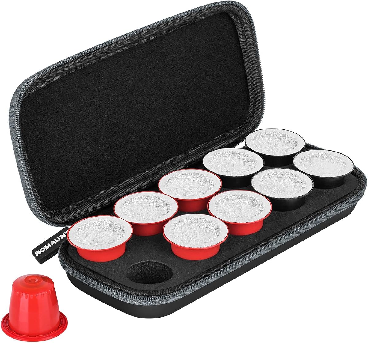 ROMAUNT Estuche de viaje compatible con cápsulas Nespresso OrignalLine, accesorio para cafetera espresso portátil, soporte protector para cápsulas de café con material de espuma de PU para 10 cápsulas (negro)
