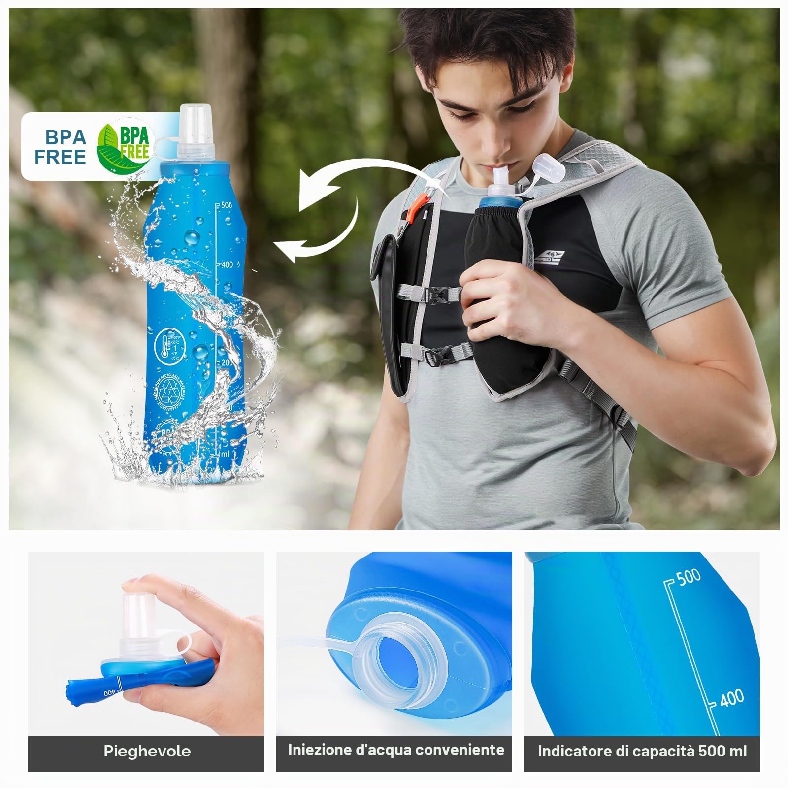 Zaino Trail Running per Uomo e Donna con Borraccie Morbide 500ml,5L Zaino Idratazione Gilet Running Zaino da Corsa per Maratona Jogging Ciclismo Escursione