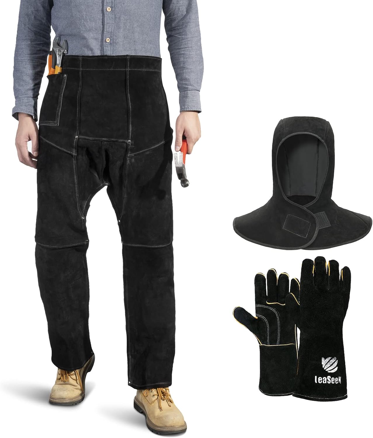 Leather Welding Pants+ Welding Hood+Welding Gloves,Heat & Flame Resistant Split Leather Safety Leg Protection for Men and Women - Heavy Duty Forging Apron (31-lnch)