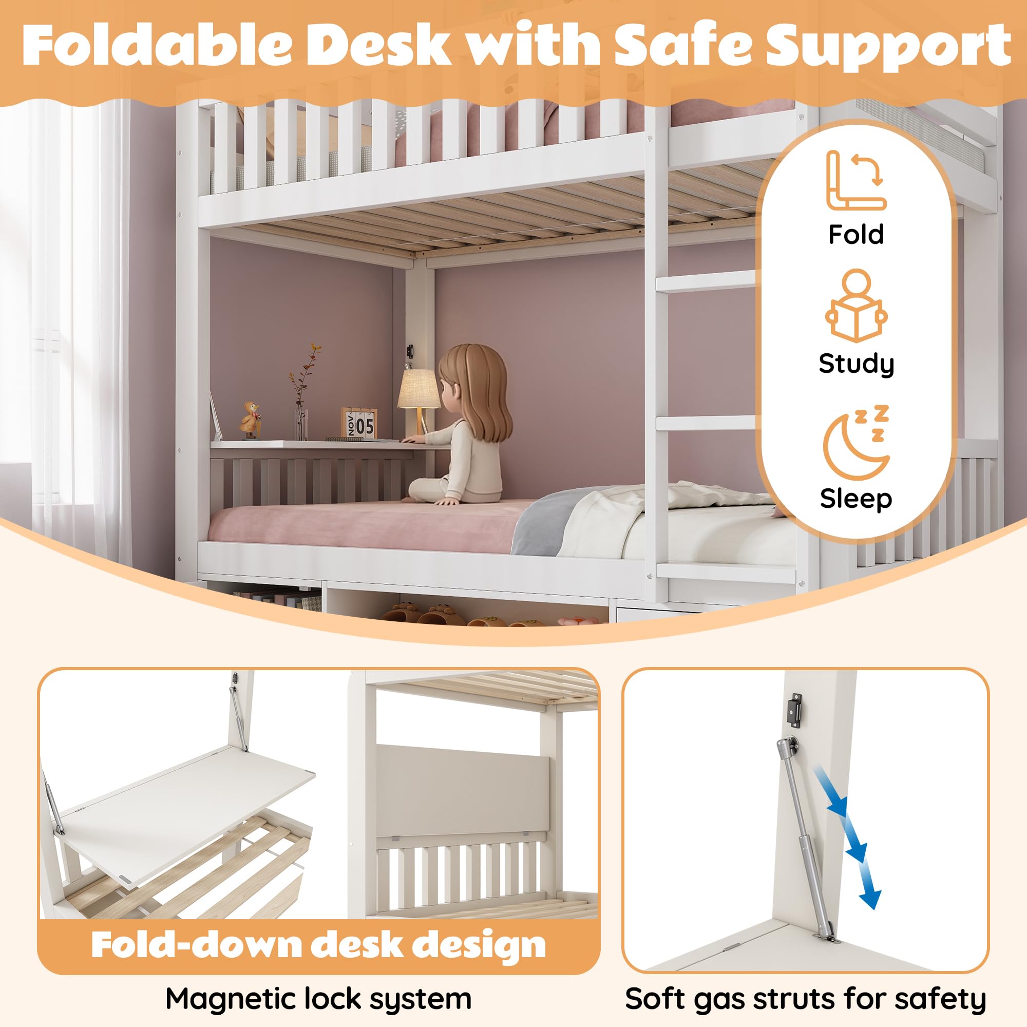 Cama alta para niños, 90 x 200 cm, color blanco, con tablero plegable y zapatero integrado, somier, solución todo en uno, certificado EN747, sin colchón