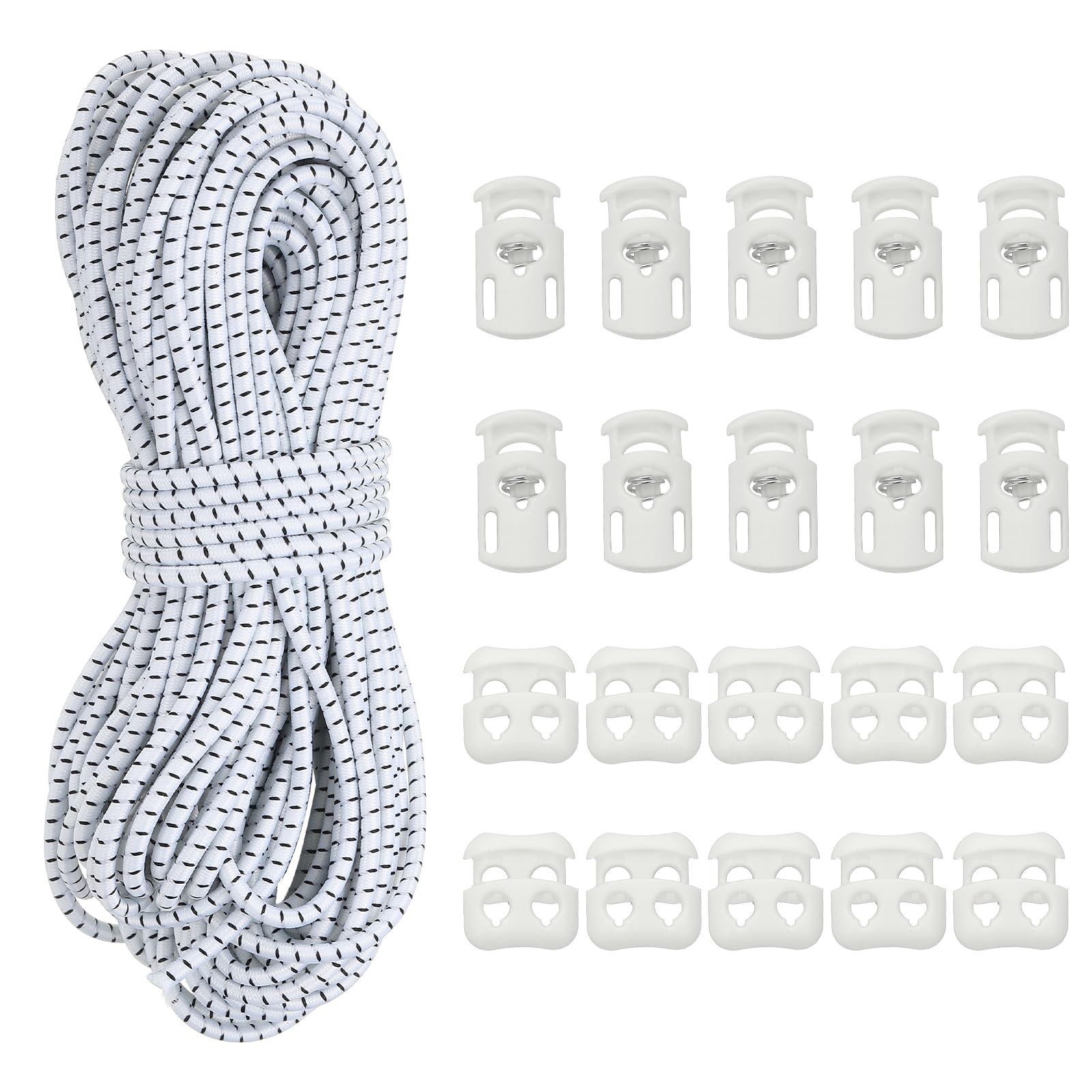 YELARXI Cord Locks, Elastic Bungee Cord, Spring Toggle Stopper Slider with Single-Hole & Double-Hole - Fitting for (Drawstring/Backpack/Shoelaces/Bags/Clothing) 50 ft & White/Black โ image 1