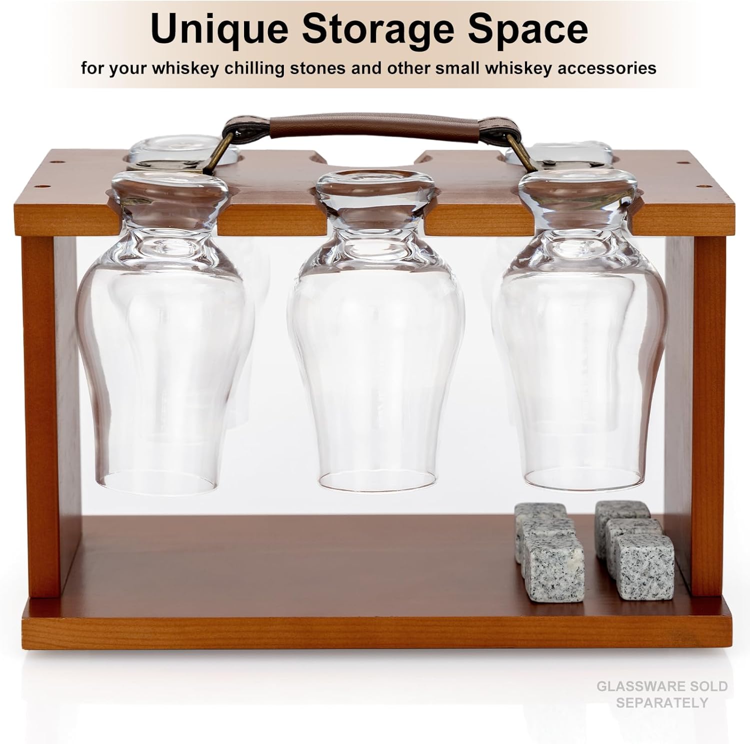 DOUDIZHU Wooden Whiskey Tasting Glass Organizer, Holds 6 Glencairn Glasses, Home Bar Storage Carrier with Chilling Stones (Glasses Not Included)