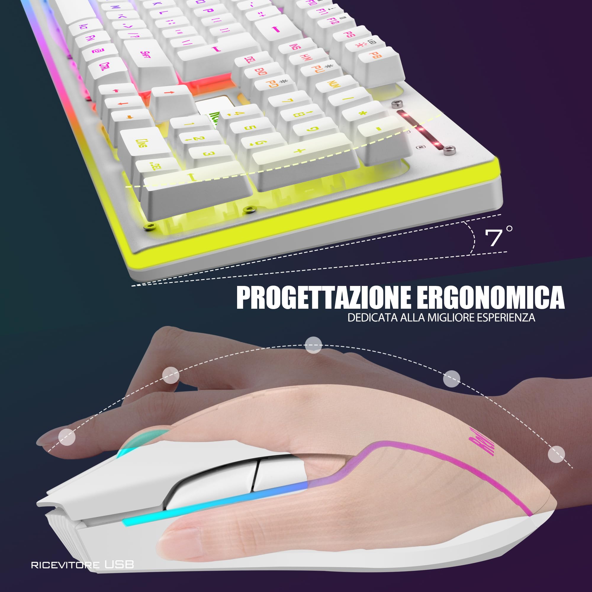 RedThunder K10 Set Tastiera e Mouse da Gioco Wireless, Retroilluminazione a RGB, Batteria Ricaricabile da 3800 mAh, Sensazione Meccanica, Anti-Ghosting+Mouse 7D 3200DPI, Layout IT, Giocatori PC-Bianco