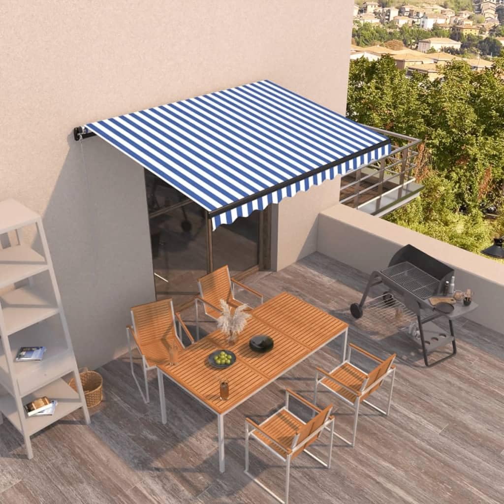 Tenda da sole retrattile manuale, 400 x 300 cm, blu e bianco, in alluminio verniciato a polvere, resistente ai raggi UV, per balcone, terrazza, giardino, con manovella e tessuto in poliestere