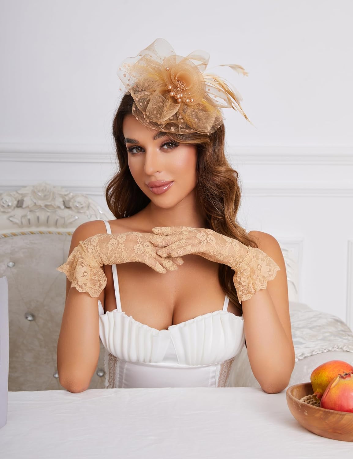 Fascinators Hat Clip Hat Wedding Cocktail Tea Party Headwear and Short Lace Bowknot Gloves for Women - Image 3