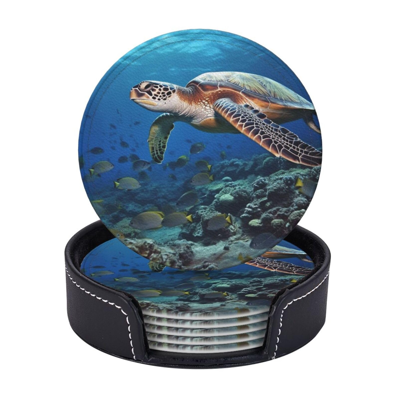 Drink Coasters 6Pcs Round Leather Coaster with Holder Sea Turtle and Fish Coasters for Drinks Coffee Cup Mat Heat Resistant Coaster for Tabletop Protection Desk Accessories Office Home Decor