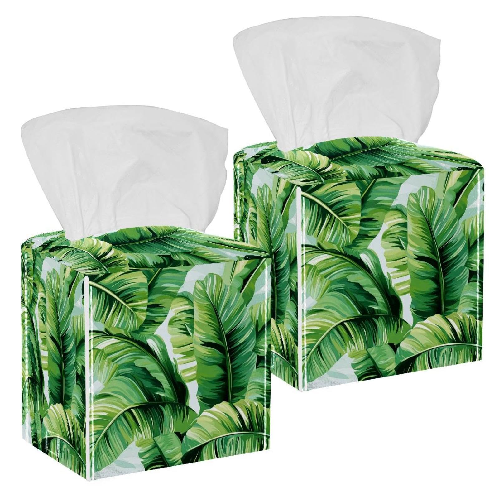 leaf Tissue Box Cover, 2 Pack PU Leather Square Facial Tissue Dispenser Box holder for Home Office Car