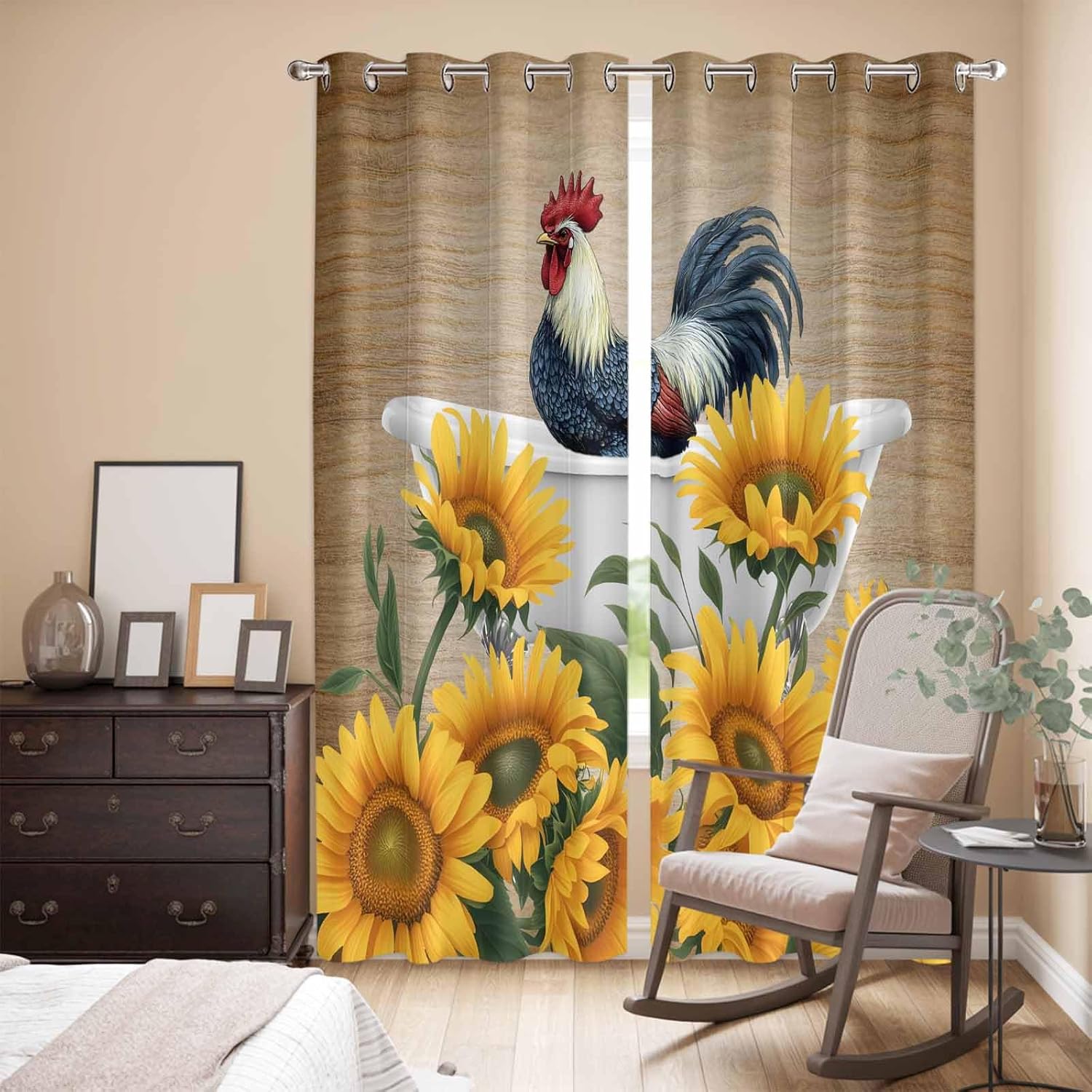 Vintage Farm Rooster and Sunflowers Kitchen Curtains Window Drapes Treatment, 2 Panels Sheer Curtains for Kitchen Cafe Office, 104W x 96L inch