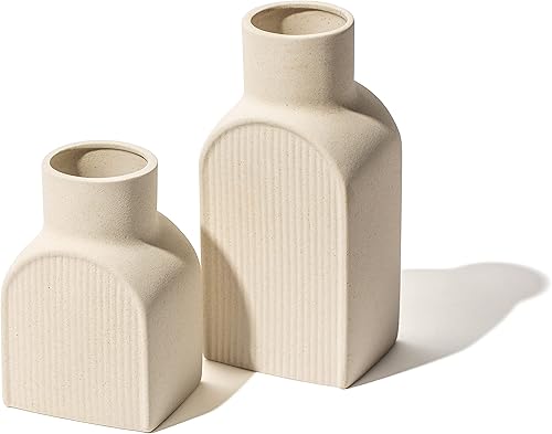 Miniatura 8 de Ceramic Ribbed Vases - 2 Piece Set, Small and Large Vase, Bottle Flower Planter Set. Scandi Style Home Decor. Neutral Cream Home Decor, Coastal