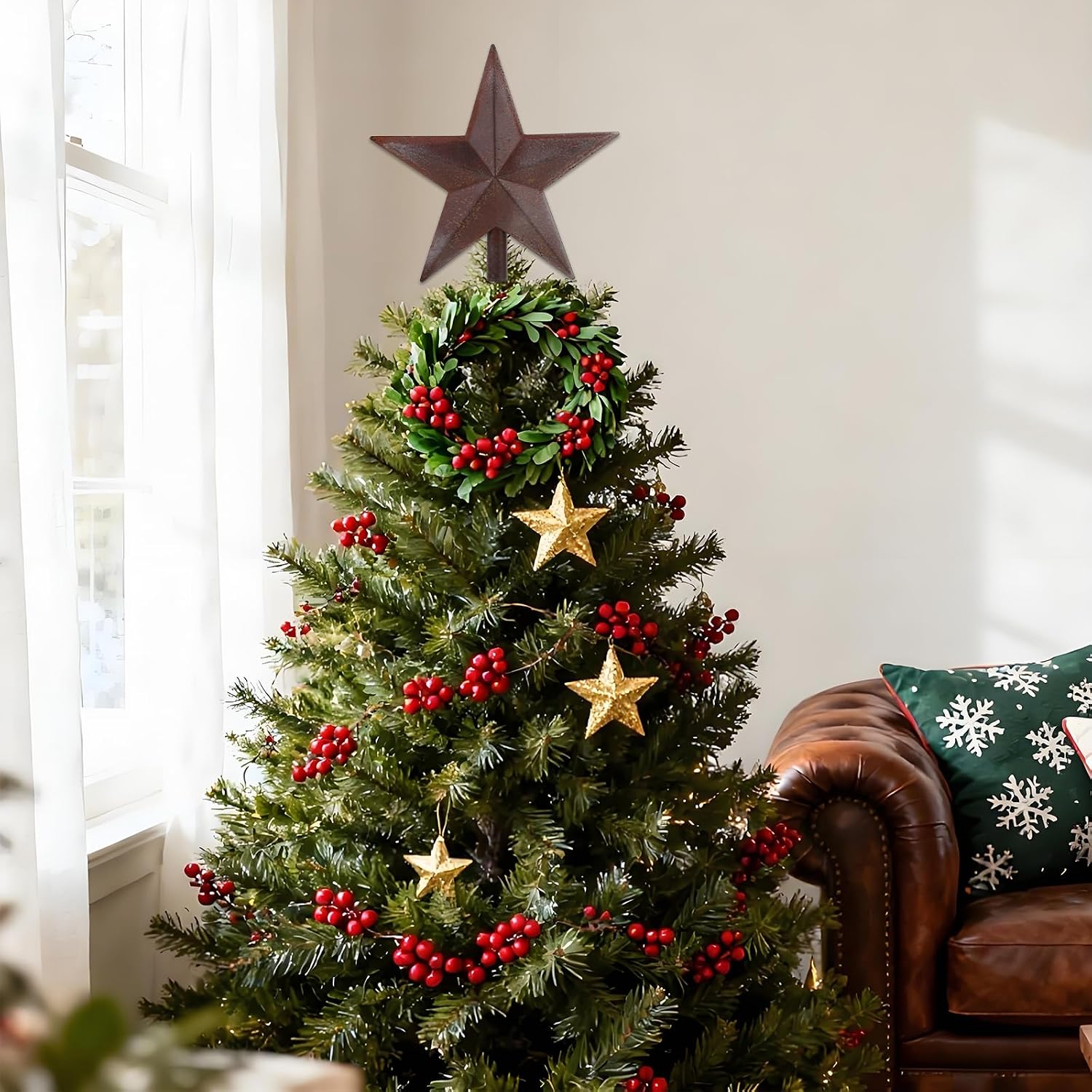 9 Inch Rusty Christmas Tree Top Star, Rustic Metal Star Farmhouse Xmas Tree Topper Vintage Metal Star for Home Indoor Outdoor Holiday Seasonal Decorations
