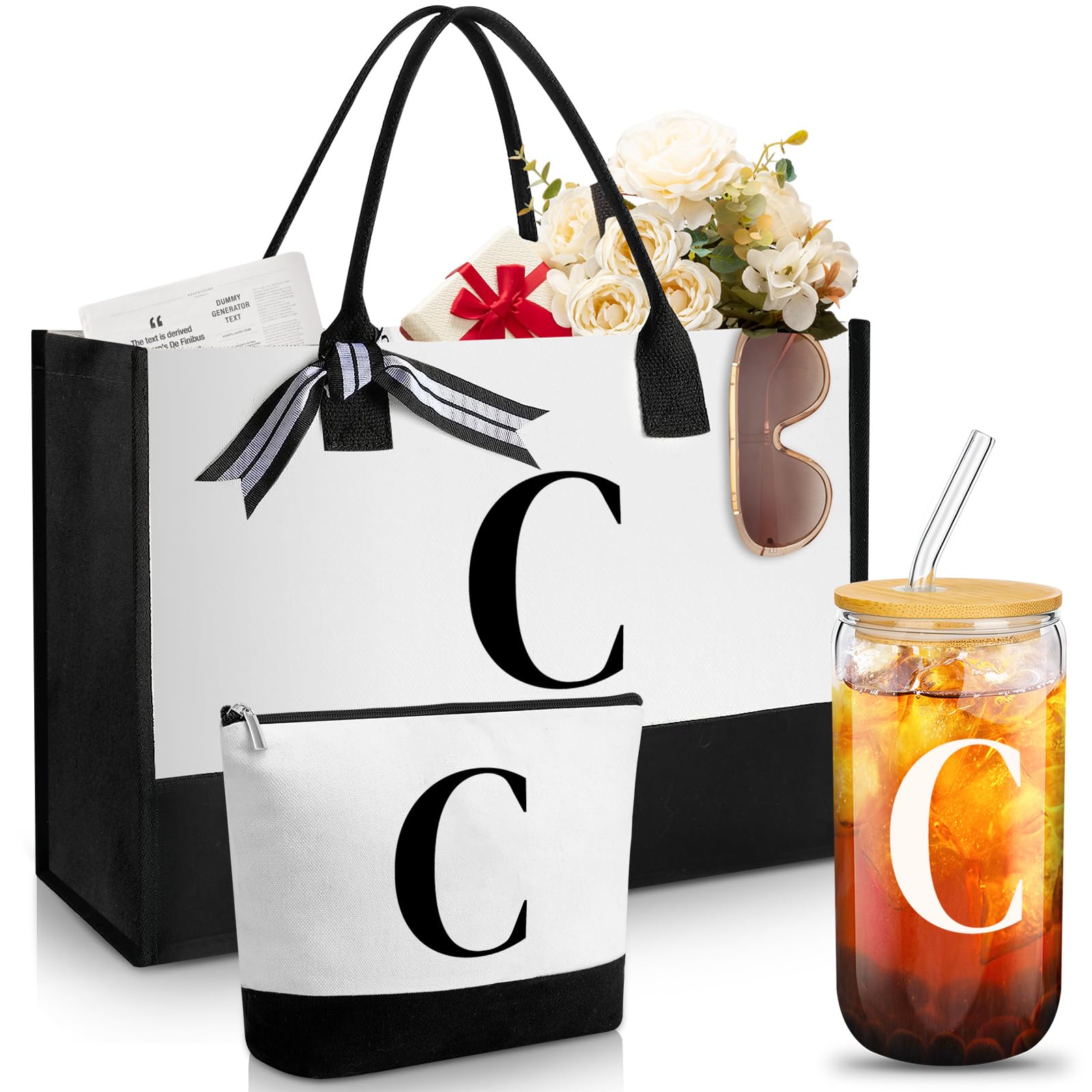 Aliceset Initial Gifts for Women Monogram Canvas Tote Bag and Makeup with Zipper and Initial Glass Coffee Cup Gifts for Her
