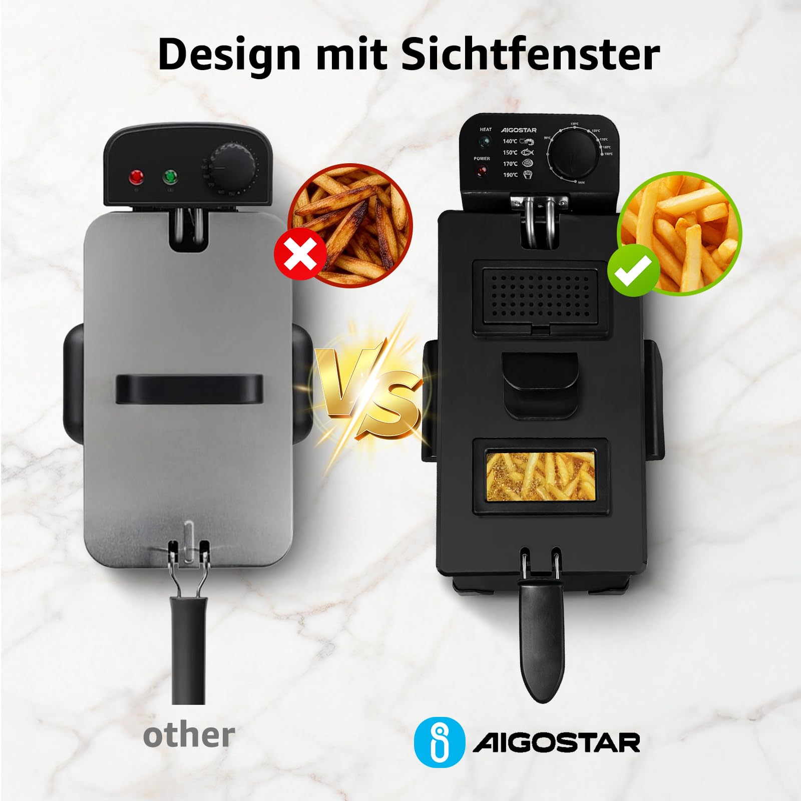 Aigostar Slater - Fritteuse mit öl-3L, 2200 W friteuse mit fett Staubschutzdeckel inkl. Sichtfenster, stufenloser Temperaturregler bis 190°C, Abnehmbare Teile, Einfach zu Reinigen, knusprige Pommes