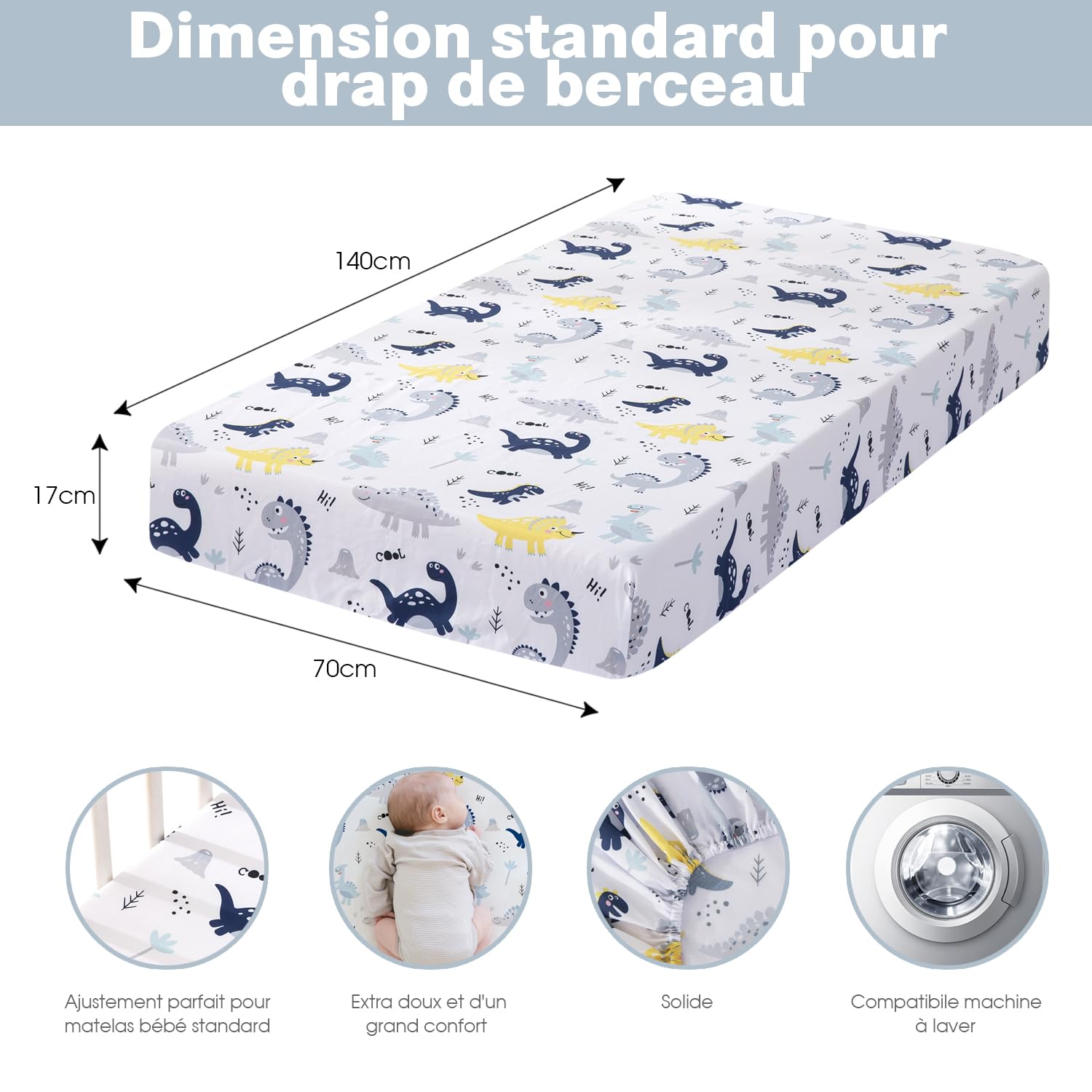Little Grape Land 4er-Pack Spannbettlaken für 70x140 cm Baby, Atmungsaktive Mikrofaser-Polyester Bettlaken Kinderbett, Oeko-TEX Zertifiziert, Dinosaurier