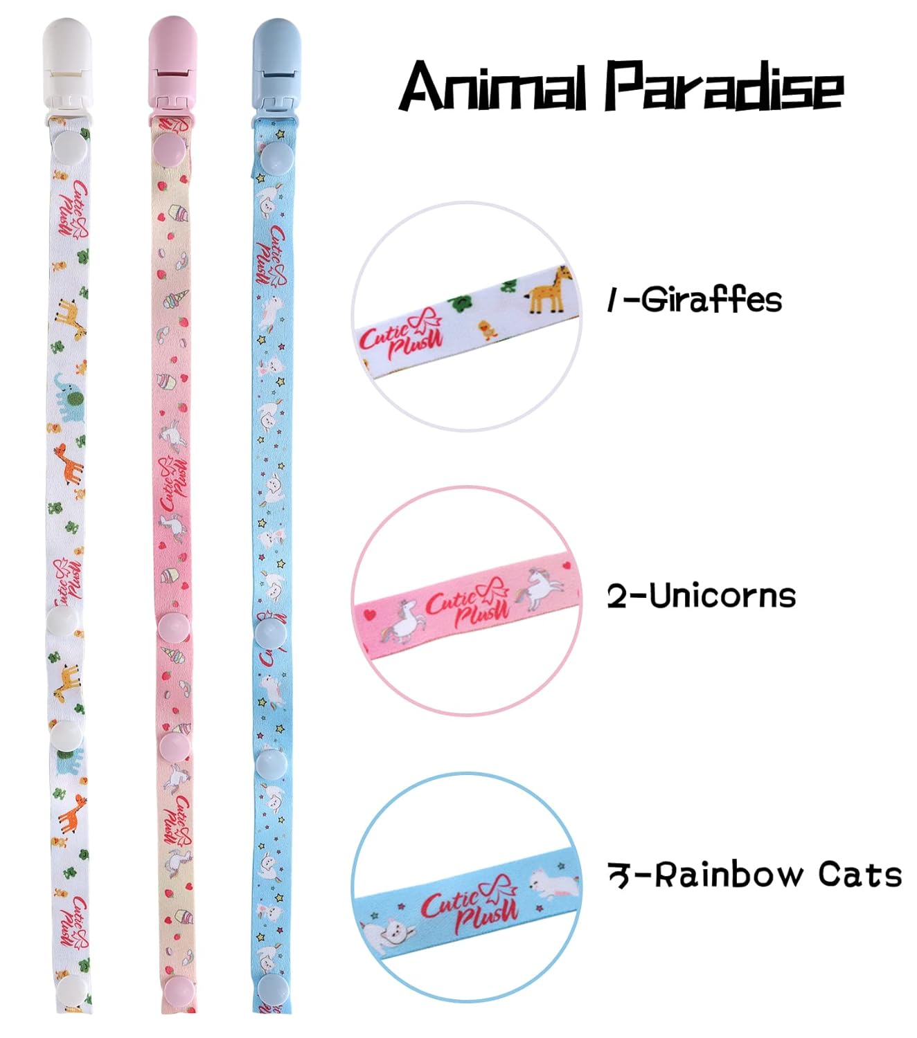 CutiePlusU Adult Size Pacifier Clips 3 Pack-Unicorns, Rainbow Cats and Giraffes