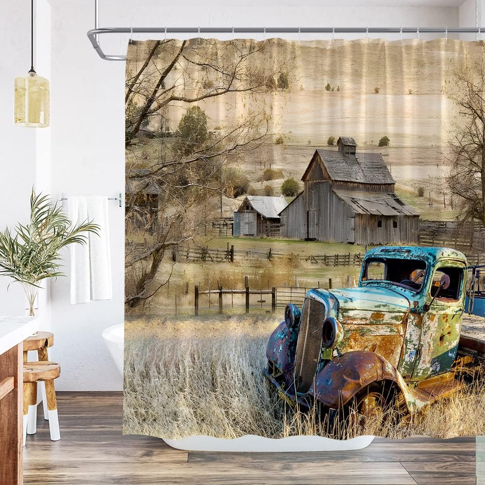 Farmhouse Vintage Old Truck Shower Curtain for Bathroom Rustic Wooden Barn Retro American Classic Antique Car Farm Truck Fabric Bathroom Decor Set with Hooks 84Wx70H Inch