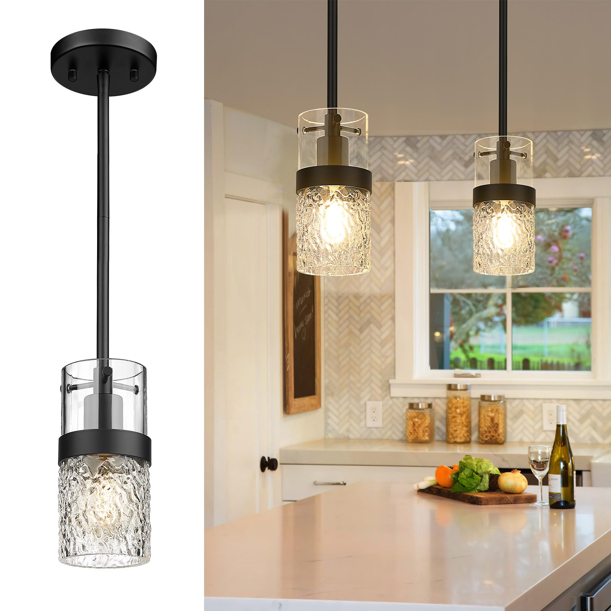 LMS Black Pendant Lights, Modern Industrial Pendant Lighting for Kitchen Island with Hammered Glass, LMS-172
