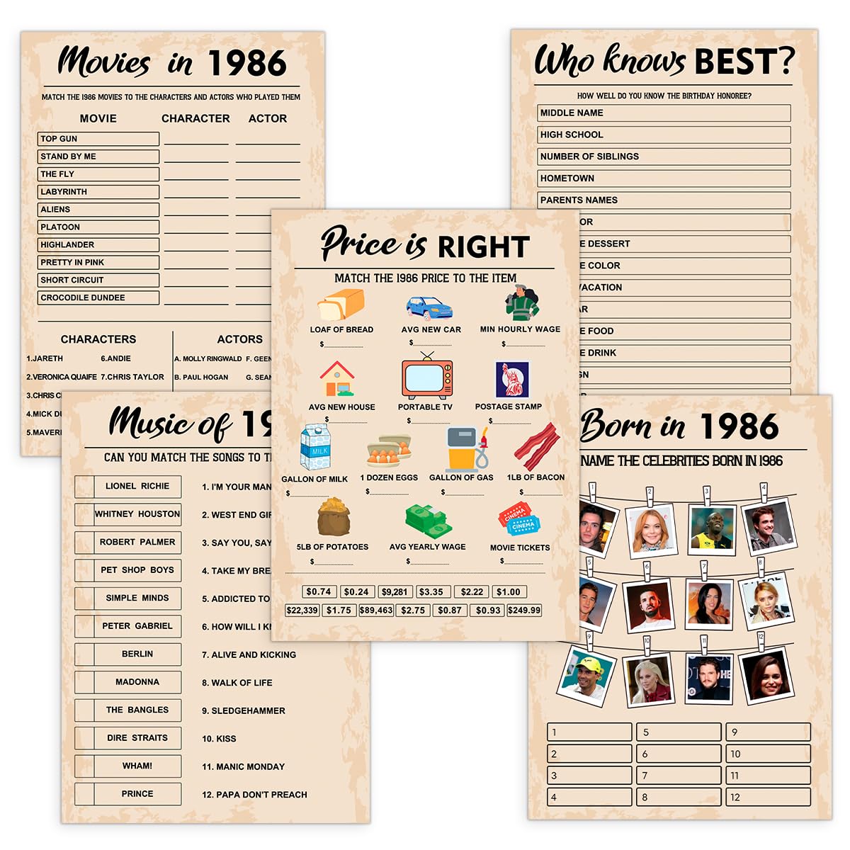 QUPT 40th Birthday Party Games, Born in 1986 Games Bundle, Set of 5 Activities for 10 Guests, Birthday Party Supplies for Adults, Pack of 50 Cards