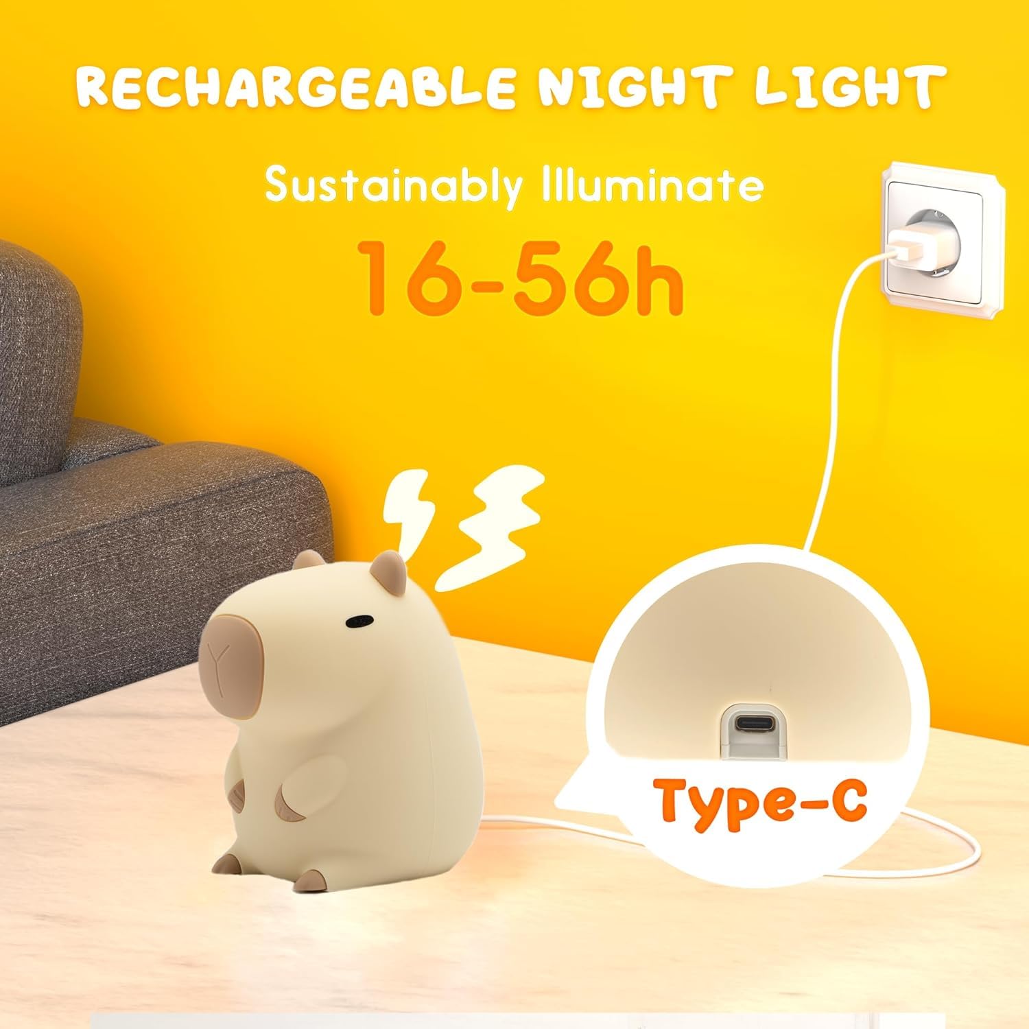 UNEEDE Capybara, luce notturna per bambini, luce notturna in silicone giallo, con orecchie di coniglio, ricaricabile touch LED, dimmerabile, regalo per Natale