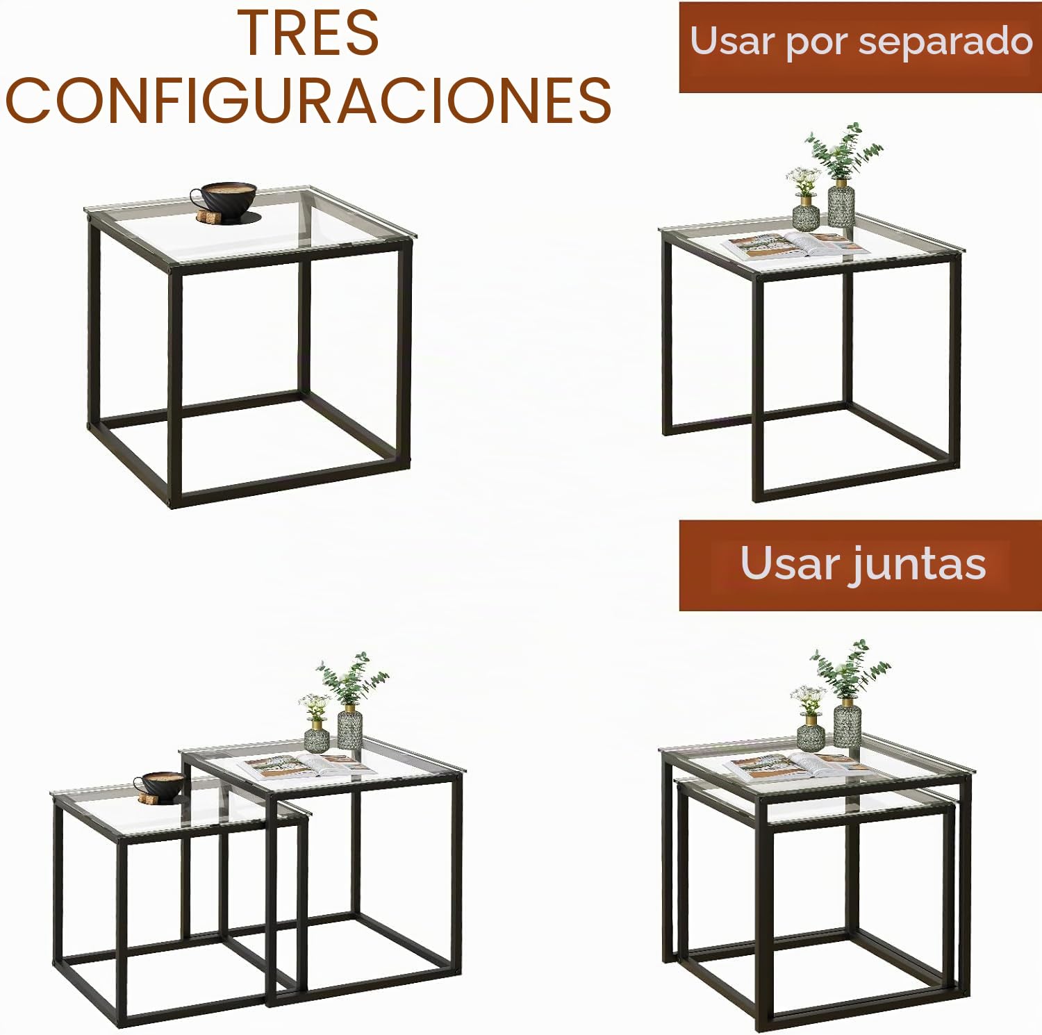 Juego de 2 mesas de centro cuadradas, salón moderno, mesa de café de cristal, auxiliar 50/45 cm, negro