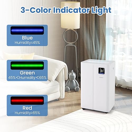 Miniatura 7 de COSTWAY Deshumidificador de 54 pintas para sótano, deshumidificador de 4500 pies cuadrados con 3 modos, temporizador de 24 horas, pantalla LED, luz