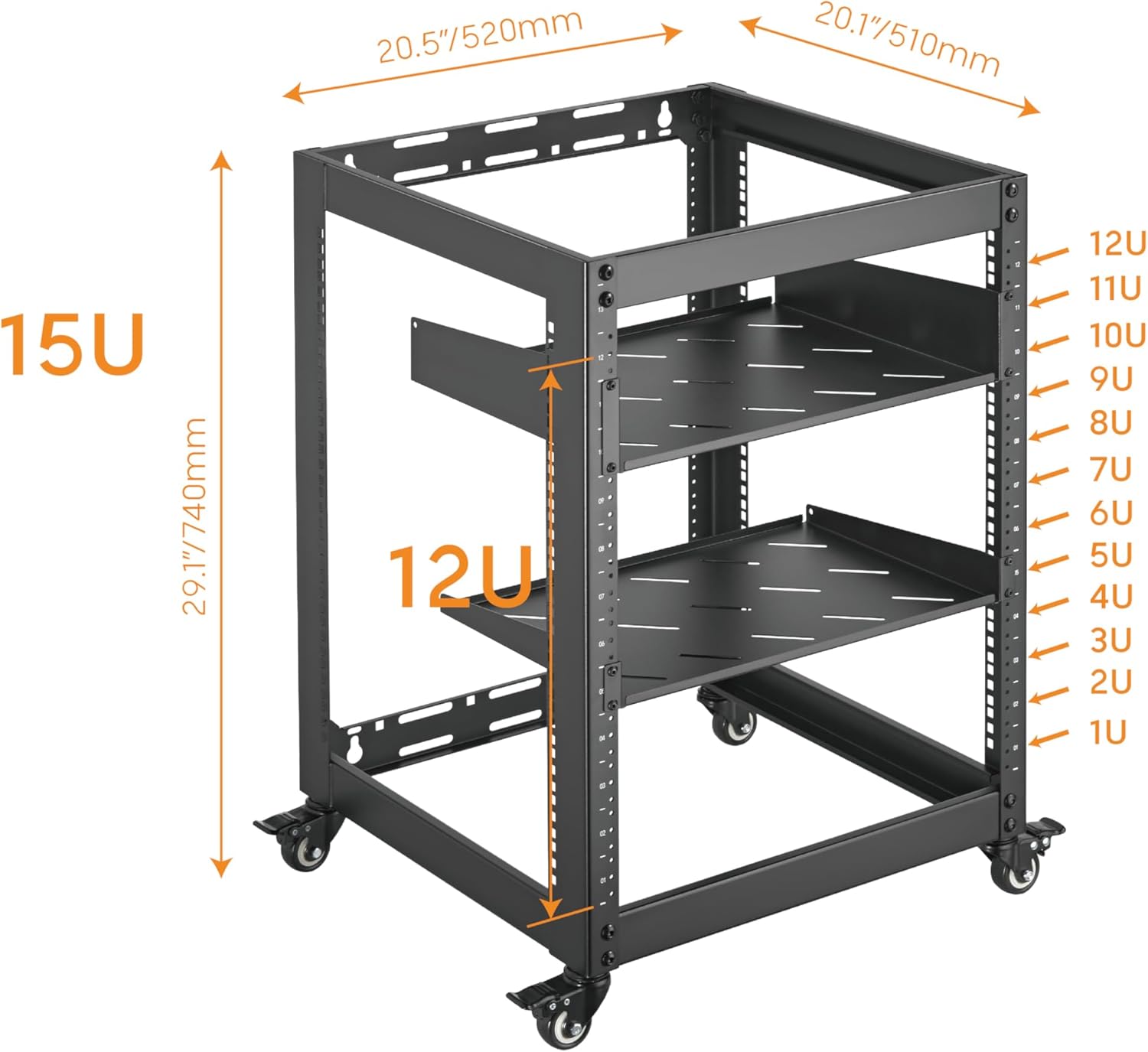 Image of the PrimeCables 15U Wall Mount Server Rack Cabinet with key dimensions labeled in inches and millimeters, showing 15U total height and 12U internal height.