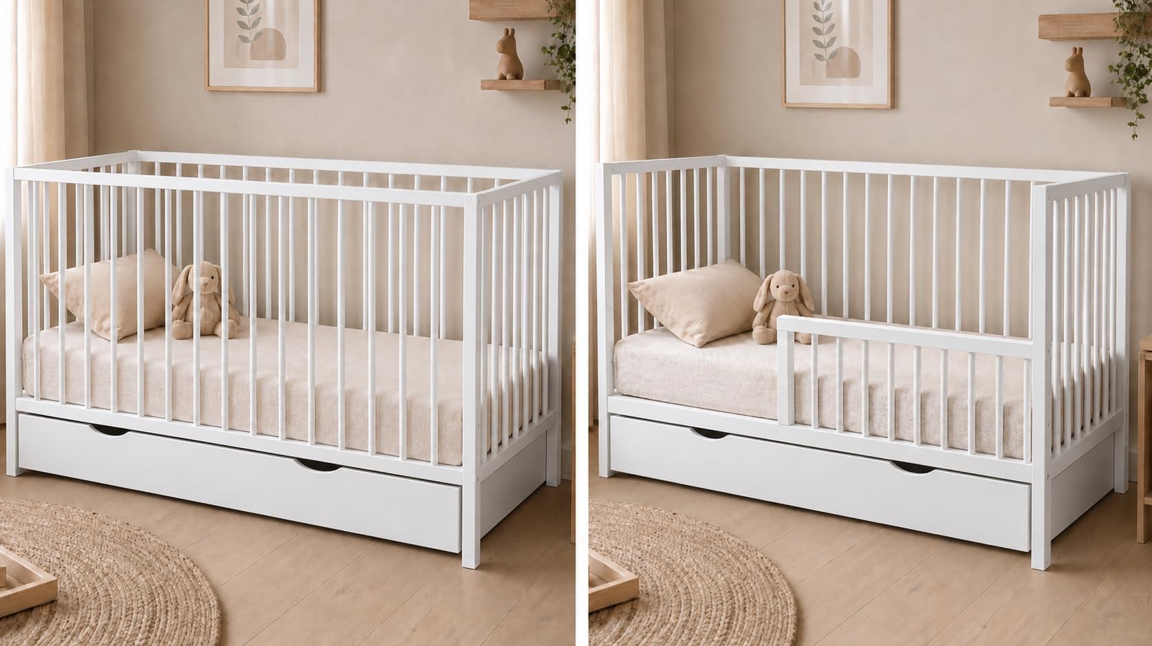 Kids Collective Lettino per bambini/co-sleeping 120x60/140x70 cm | Lettino modulare con rete regolabile in altezza (3 livelli) e sbarre rimovibili | Lettino in legno per cameretta | 120x60 cm - Bianco