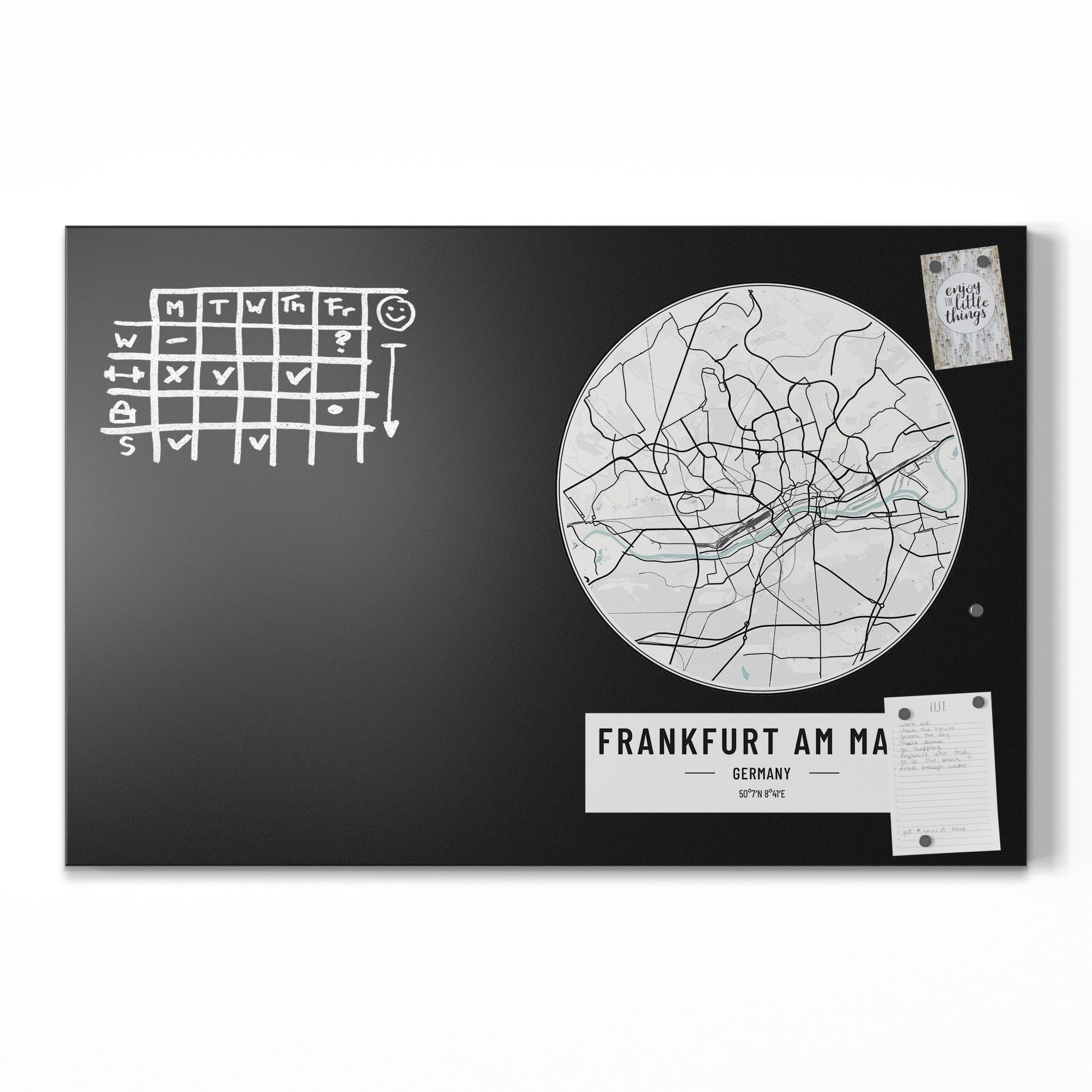 DEQORI Magnetyczna tablica do pisania kredą z nadrukiem UV | motyw "mapa miasta Frankfurt" | prostokątna, 90 x 60 cm | metalowa tablica kredowa do pisania – dekoracja ścienna do kuchni, korytarza
