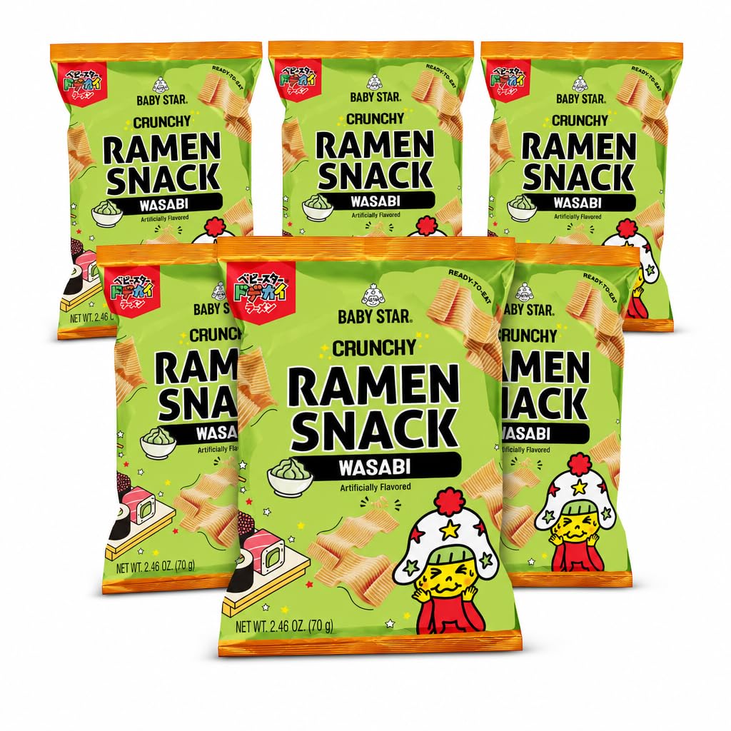 Baby Star Crunchy Ramen Snack Wide | Wasabi 2.46oz (6 Pack) | Delicious Dry Ramen Snack Packs