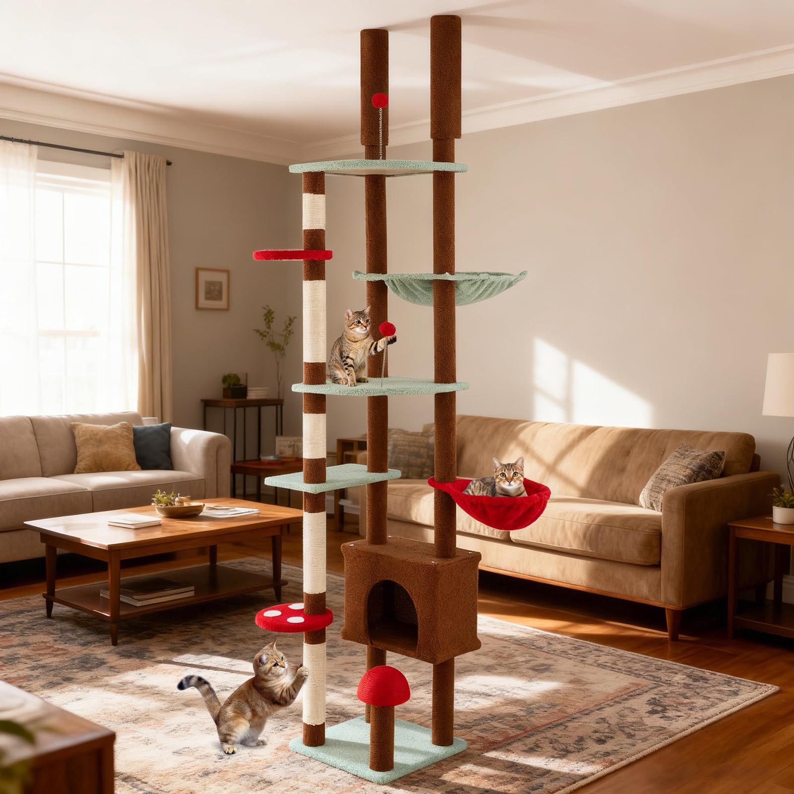 COSTWAY Árbol Rascador para Gatos de Suelo a Techo, Torre Rascador Alta para Gatos, Ajustable de 207-277 cm, con Condo y Hamaca, Cesta Colgante, Postes para Rascar de Sisal, 2 Pelotas con Resorte