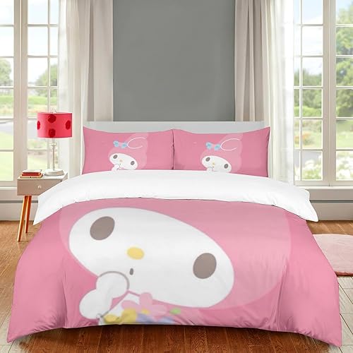 DIEZ Juego de cama de 3 piezas con estampado de conejito de dibujos animados rosa, funda de edredón suave de lujo con cremallera, matrimonial (1