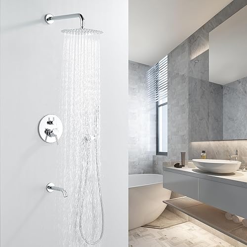 Miniatura 2 de TSIBOMU Sistema de ducha redondo con boquilla de bañera, juego de grifo de ducha de 3 funciones con cabezal de ducha de 10 pulgadas, ducha de mano,