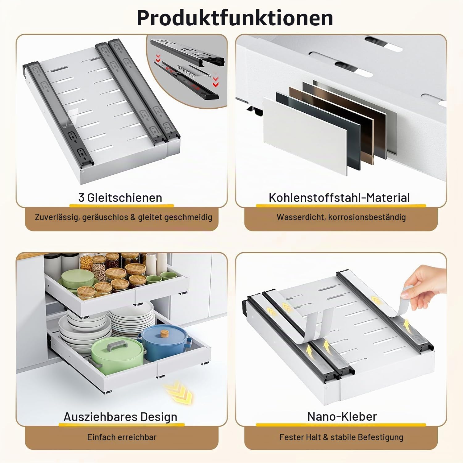 2 Stück 4 Richtungen Teleskopschublade ausziehbare Schublade Küche Ausziehbarer Schrank Organizer Metall Schrank-Schubladen-Organizer Breite 29–48 cm & Tiefe 42–55 cm
